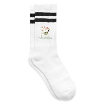 Merry Christmas - Alpaka + Pinguin zu Weihnachten - Gestreifte Tennissocken - Weiß/Schwarz - Rechts