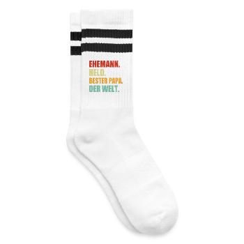 Ehemann Papa Grillmeister Held Vatertag BBQ  - Gestreifte Tennissocken - Weiß/Schwarz - Rechts
