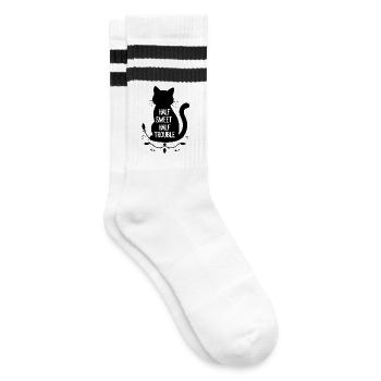 Halb süß halb Ärger Schwarze Katze - Gestreifte Tennissocken - Weiß/Schwarz - Rechts