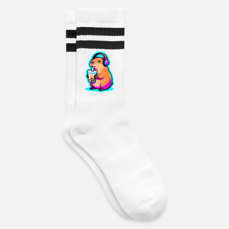 Süßes Capybara Bubble Tea Kawaii Tier Geschenk - Gestreifte Tennissocken - Weiß/Schwarz