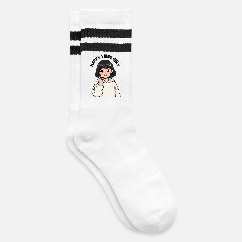 Cremefarbenes Sweatshirt mit Kawaii Mädchen - Gestreifte Tennissocken - Weiß/Schwarz