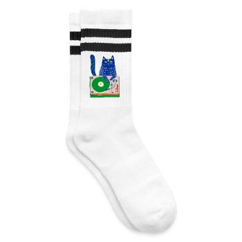 Blue Cat DJ auf Whimsical Plattenspieler - Gestreifte Tennissocken - Weiß/Schwarz - Rechts