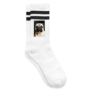 Mops Hund - Gestreifte Tennissocken - Weiß/Schwarz - Rechts