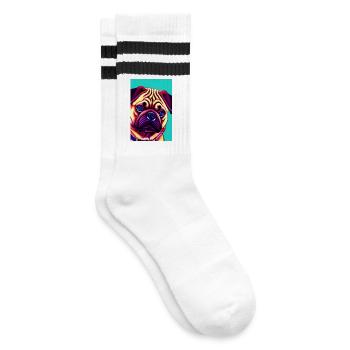 Mops Hund - Gestreifte Tennissocken - Weiß/Schwarz - Rechts