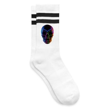 Leuchtender Totenkopf für DJ & Techno Fans - Gestreifte Tennissocken - Weiß/Schwarz - Rechts