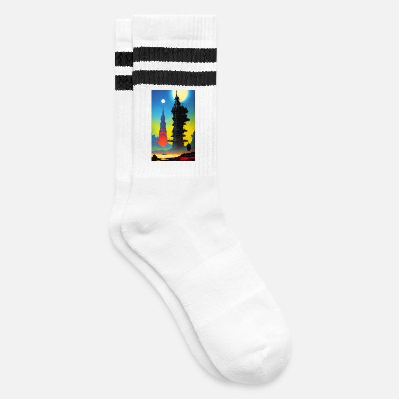 Futuristic skyline with moonlight - Striped tennis socks - white/black