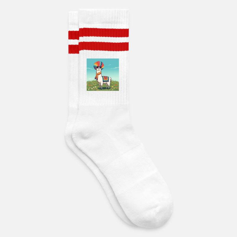 Funky Regenbogen Lama - Gestreifte Tennissocken - Weiß/Rot