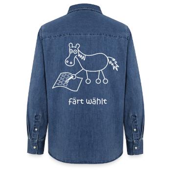 färt wählt, Pferd wählt, Wahlen, Wahl, Pferde - Frauen Jeanshemd Organic von Stanley/Stella - verwaschenes Mittelblau  - Hinten - AI Model Female 172 light (172cm)
