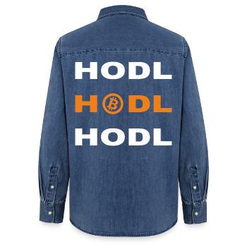 Bitcoin - Hodl Hodl Hodl - Frauen Jeanshemd Organic von Stanley/Stella - verwaschenes Mittelblau  - Hinten - AI Model Female 172 light (172cm)