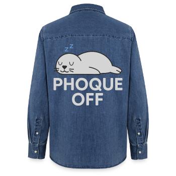 Phoque Off – Jeu de mots drôle et décalé - Chemise en denim femme bio Stanley/Stella - bleu moyen délavé  - Dos - AI Model Female 172 light (172cm)