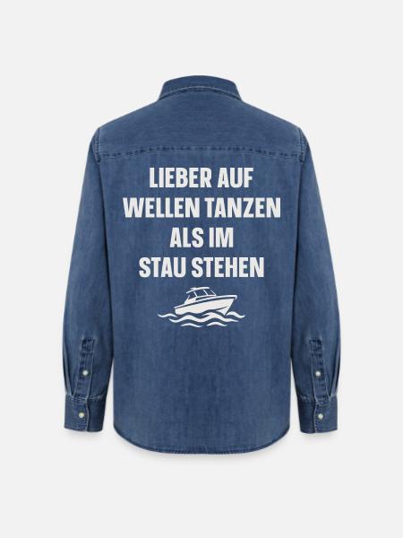 Lieber auf Wellen tanzen als im Stau stehen - Frauen Jeanshemd Organic von Stanley/Stella - verwaschenes Mittelblau 