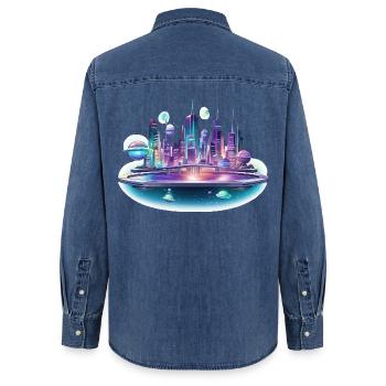 Neon-Raumstadt Skyline - Frauen Jeanshemd Organic von Stanley/Stella - verwaschenes Mittelblau  - Hinten - AI Model Female 172 light (172cm)