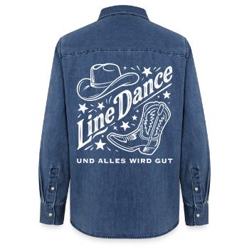 Line Dance Cowboy Flair - Frauen Jeanshemd Organic von Stanley/Stella - verwaschenes Mittelblau  - Hinten - AI Model Female 172 light (172cm)