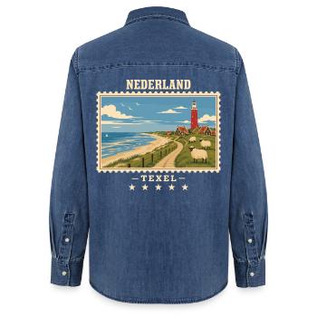 Niederlande Texel Vintage Reisemarke - Frauen Jeanshemd Organic von Stanley/Stella - verwaschenes Mittelblau  - Hinten - AI Model Female 172 light (172cm)