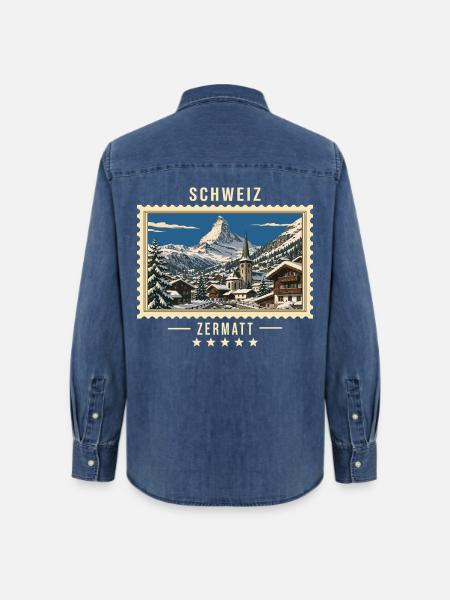 Schweiz Zermatt Winter Vintage Reisemarke - Frauen Jeanshemd Organic von Stanley/Stella - verwaschenes Mittelblau