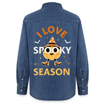 J’adore la saison effrayante - Chemise en denim femme bio Stanley/Stella - bleu moyen délavé  - Dos - AI Model Female 172 light (172cm)