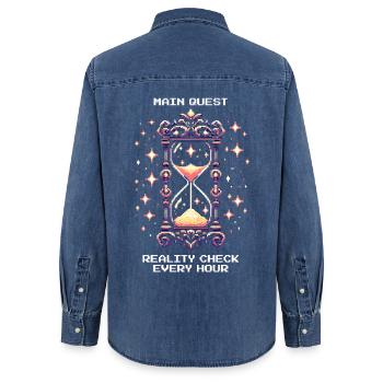 Quête principale : Rappel à la réalité toutes les heures | Rêve lucide - Chemise en denim femme bio Stanley/Stella - bleu moyen délavé  - Dos - AI Model Female 172 light (172cm)