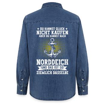 MER DU NORD TU NE PEUX PAS ACHETER LE BONHEUR MAIS APRÈS - Chemise en denim femme bio Stanley/Stella - bleu moyen délavé  - Dos - AI Model Female 172 light (172cm)
