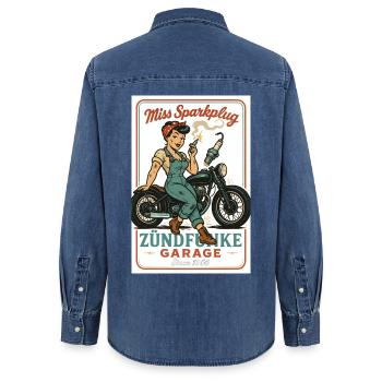 Miss Sparkplug – Zündfunke Garage Queen - Women’s Organic Denim Shirt by Stanley/Stella - mid washy  - Back - AI Model Female 172 light (172cm)