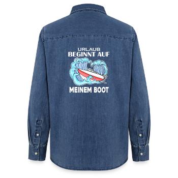 Urlaub Motorboot Kapitän Bootsführerschein - Frauen Jeanshemd Organic von Stanley/Stella - verwaschenes Mittelblau  - Hinten - AI Model Female 172 light (172cm)