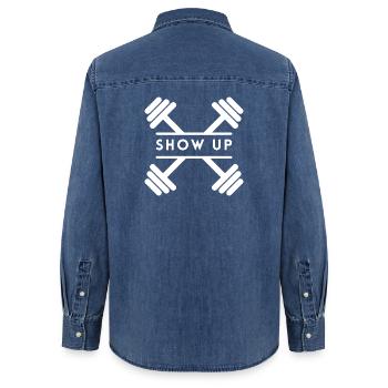 Show Up Konsistenz Fitness-Motivationsshirt - Frauen Jeanshemd Organic von Stanley/Stella - verwaschenes Mittelblau  - Hinten - AI Model Female 172 light (172cm)