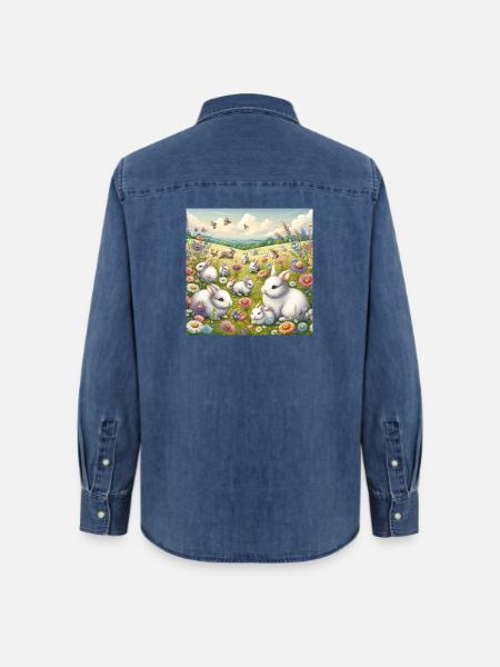 Kaninchen in einem Blumenfeld - Frauen Jeanshemd Organic von Stanley/Stella - verwaschenes Mittelblau