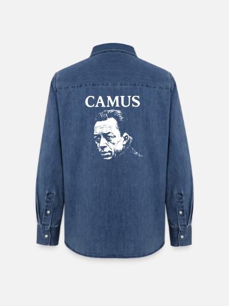 Albert Camus existenzielles Noir-Porträt - Frauen Jeanshemd Organic von Stanley/Stella - verwaschenes Mittelblau