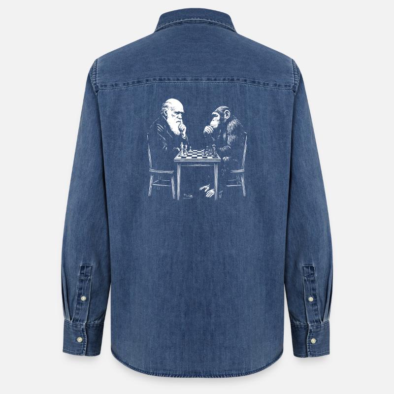Darwin joue aux échecs avec un singe - Jeu d’évolution - Chemise en denim femme bio Stanley/Stella - bleu moyen délavé 
