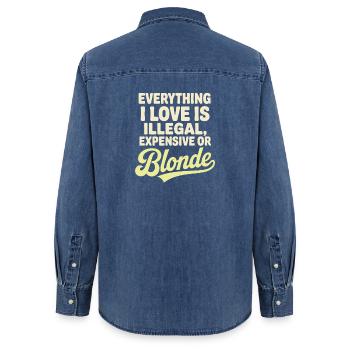 Everything I Love Illegal Expensive Blonde Männer - Frauen Jeanshemd Organic von Stanley/Stella - verwaschenes Mittelblau  - Hinten - AI Model Female 172 light (172cm)