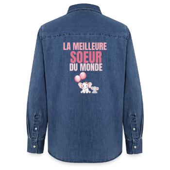 The Best Sister in the Pink World - Women’s Organic Denim Shirt by Stanley/Stella - mid washy  - Back - AI Model Female 172 light (172cm)