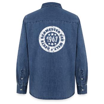 Born in 1967 - Women’s Organic Denim Shirt by Stanley/Stella - mid washy  - Back - AI Model Female 172 light (172cm)