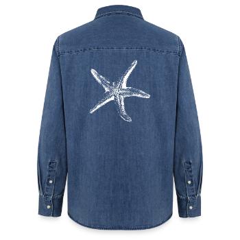White Starfish Silhouette on Black - Women’s Organic Denim Shirt by Stanley/Stella - mid washy  - Back - AI Model Female 172 light (172cm)