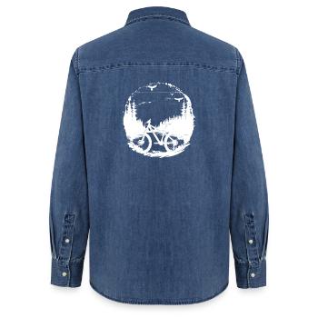 Mountain Biker Illustration - Women’s Organic Denim Shirt by Stanley/Stella - mid washy  - Back - AI Model Female 172 light (172cm)