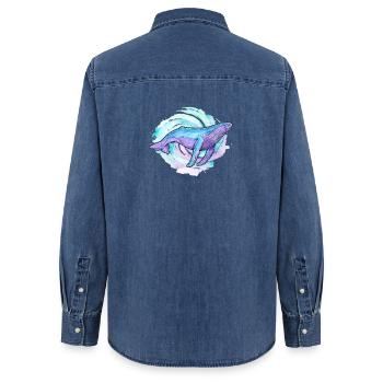 Buckelwal Aquarell - Frauen Jeanshemd Organic von Stanley/Stella - verwaschenes Mittelblau  - Hinten - AI Model Female 172 light (172cm)