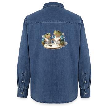 Dîner de grenouille : Mouche dans une assiette - Chemise en denim femme bio Stanley/Stella - bleu moyen délavé  - Dos - AI Model Female 172 light (172cm)