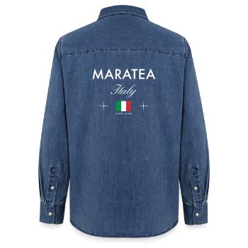 Souvenir de voyage des coordonnées Maratea Italy - Chemise en denim femme bio Stanley/Stella - bleu moyen délavé  - Dos - AI Model Female 172 light (172cm)