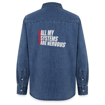 All My Systems Are Nervous Funny Fear Nerd Logo - Women’s Organic Denim Shirt by Stanley/Stella - mid washy  - Back - AI Model Female 172 light (172cm)