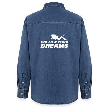FOLLOW YOUR DREAMS - Frauen Jeanshemd Organic von Stanley/Stella - verwaschenes Mittelblau  - Hinten - AI Model Female 172 light (172cm)