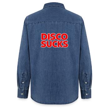 Disco Sucks - Women’s Organic Denim Shirt by Stanley/Stella - mid washy  - Back - AI Model Female 172 light (172cm)
