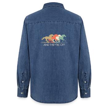 Illustration de chevaux de course vintage - Chemise en denim femme bio Stanley/Stella - bleu moyen délavé  - Dos - AI Model Female 172 light (172cm)