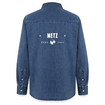 Metz France White GPS Coordinates - Women’s Organic Denim Shirt by Stanley/Stella - mid washy  - Back - AI Model Female 172 light (172cm)