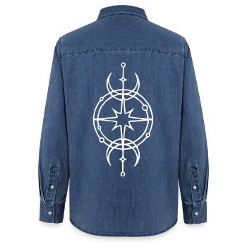 White symbol of protection - Women’s Organic Denim Shirt by Stanley/Stella - mid washy  - Back - AI Model Female 172 light (172cm)
