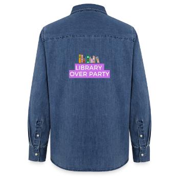 Bibliothek und Bücher sind besser als Party  - Frauen Jeanshemd Organic von Stanley/Stella - verwaschenes Mittelblau  - Hinten - AI Model Female 172 light (172cm)