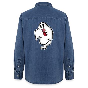 Fantôme avec un donut et une tasse - Chemise en denim femme bio Stanley/Stella - bleu moyen délavé  - Dos - AI Model Female 172 light (172cm)