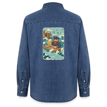 Dernier pub de la mer du Nord - Chemise en denim femme bio Stanley/Stella - bleu moyen délavé  - Dos - AI Model Female 172 light (172cm)