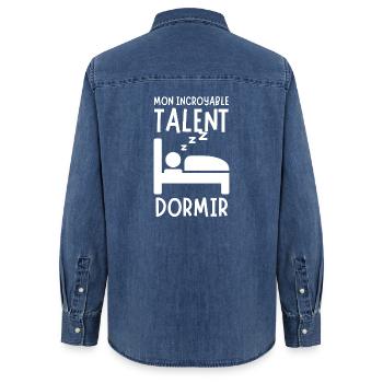 Humour Talent Dormir Sieste Cadeau Dormeur - Chemise en denim femme bio Stanley/Stella - bleu moyen délavé  - Dos - AI Model Female 172 light (172cm)