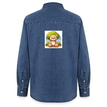 Teddybär vor einem Baum - Frauen Jeanshemd Organic von Stanley/Stella - verwaschenes Mittelblau  - Hinten - AI Model Female 172 light (172cm)