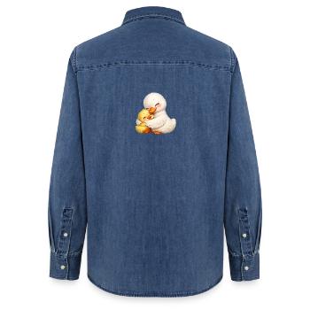 Mom duck cuddles with her baby - Women’s Organic Denim Shirt by Stanley/Stella - mid washy  - Back - AI Model Female 172 light (172cm)