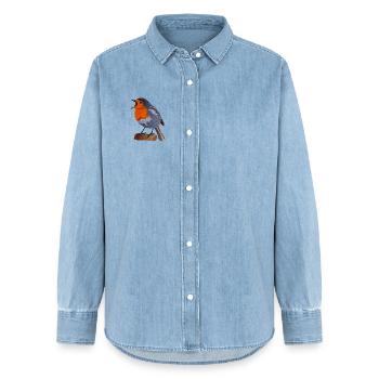 Robin Bird Illustration on Textile - Women’s Organic Denim Shirt by Stanley/Stella - light wash - Front - AI Model Female 172 light (172cm)