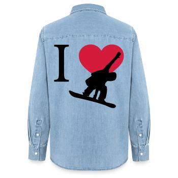 J'aime Snowboarding - Chemise en denim femme bio Stanley/Stella - bleu clair délavé - Dos - AI Model Female 172 light (172cm)